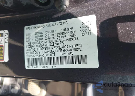 2019 Honda Cr-V Ex-L из США, поврежденный, VIN 5J6RW2H86KA014875